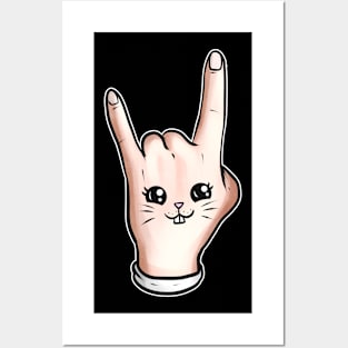 Hand Showing Signs Of The Horns With Bunny Face. Easter Posters and Art